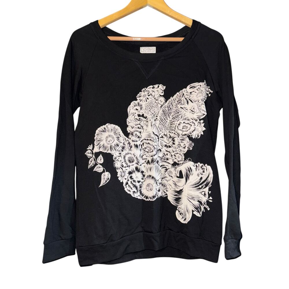 Lauren Moshi Black Scoop Neck Sweatshirt with White Floral Graphic